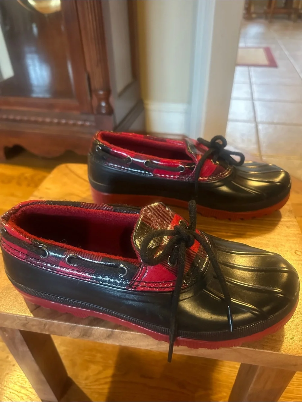 Duck Boot style Black and Red Plaid Rain Loafers
